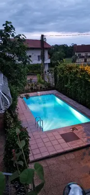 a large blue swimming pool with a brick walkway around it at APARTMAN MURKO P-4 in Ljubljana