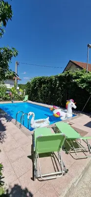a swimming pool with two lawn chairs and swans at APARTMAN MURKO P-4 in Ljubljana