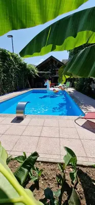 a large blue swimming pool with a large bunch of leaves at APARTMAN MURKO P-4 in Ljubljana