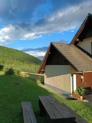 a barn with a picnic table in the grass at Kralj Matjaž - the green escape under Alps in Golnik
