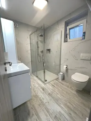 a bathroom with a shower and a toilet and a sink at APARTMA DŽANA in Žaga
