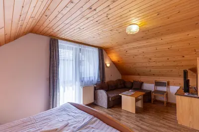 a room with a bed and a couch and a table at Apartment Malej in Bohinj