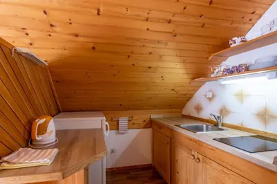 a small kitchen with a sink and a stove at Apartment Malej in Bohinj