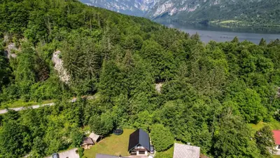 an aerial view of a house on a hill next to a lake at Apartment Malej in Bohinj
