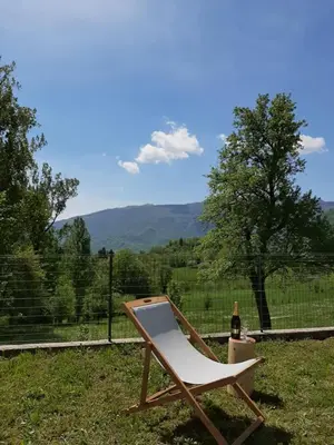 a chair sitting on the grass with a bottle of wine at Holiday House Dori in Kobarid