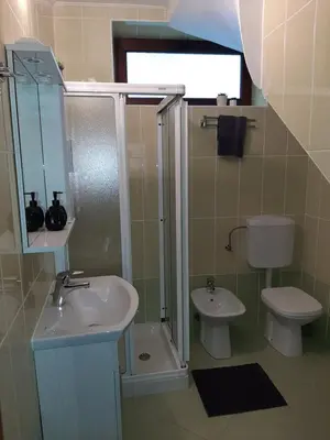 a bathroom with a sink and a toilet and a shower at Holiday House Dori in Kobarid