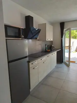 a kitchen with white cabinets and a black refrigerator at Hiša za Gradom in Kobarid
