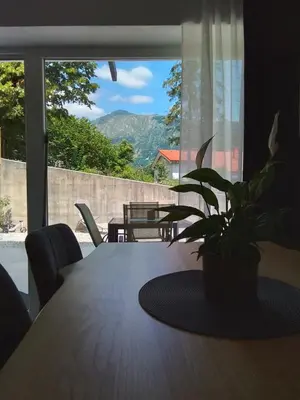 a dining room table with a potted plant on it at Hiša za Gradom in Kobarid