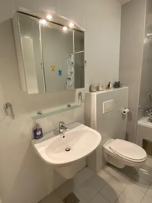 a white bathroom with a sink and a toilet at Apartma Felicija in Ljubljana