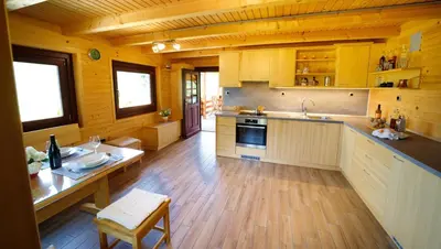 a large kitchen with wooden walls and a wooden floor at Bomas house in Cerkno