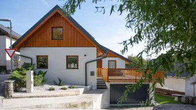 a white house with a wooden roof at Vila Vrba in Žirovnica