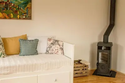 a living room with a wood stove and a couch at Quiet apartment with a terrace on Organic farm in Prevalje