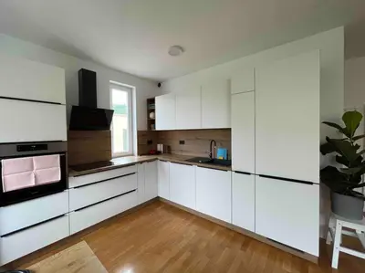 a kitchen with white cabinets and a potted plant at Mely Rose in Ljubljana