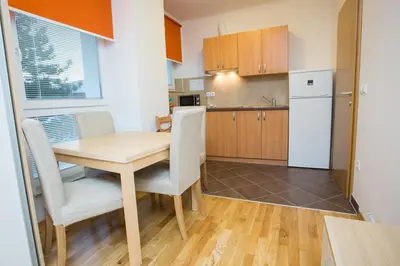 a kitchen with a table and chairs and a refrigerator at Apartments Benedičič in Bled