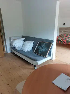 a couch in a living room with a table at Apartma Sava-Stol in Jesenice