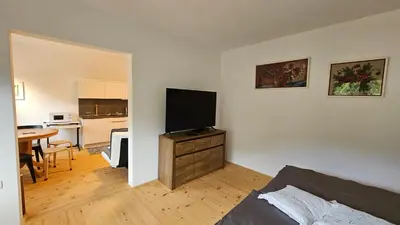 a living room with a flat screen tv on a dresser at Apartma Sava-Stol in Jesenice