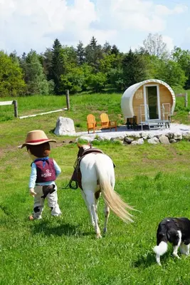 a young child walking a horse in a field with a dog at Cowboy's Land in Višnja Gora