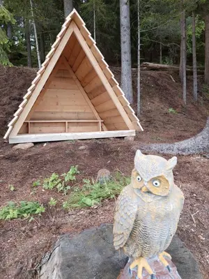 an owl statue sitting on a rock in front of a doghouse at Sunflower House with Jacuzzy and Sauna in Vitanje