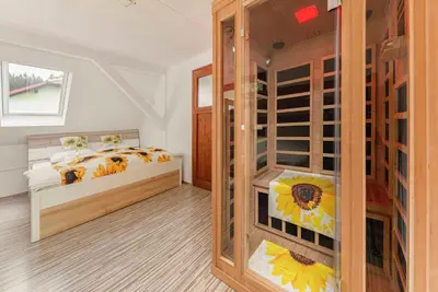 a bedroom with two beds and a mirror at Sunflower House with Jacuzzy and Sauna in Vitanje