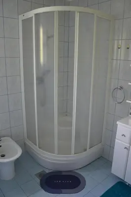a bathroom with a shower with a toilet and a sink at Apartma ob potoku in Luče
