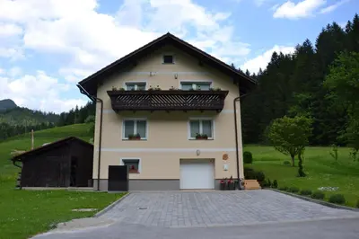 a house with a large driveway in front of it at Apartma ob potoku in Luče