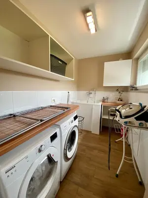 a kitchen with a washing machine in a kitchen at Hiša Helena in Kranj