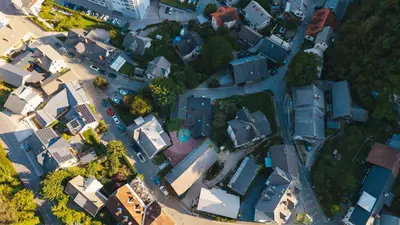 an overhead view of houses in a residential neighborhood at Rooms Murka in Bled