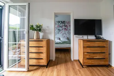 a bedroom with a television and a dresser with a mirror at MIZU APARTMA VAS LIPA OLIMJE in Podčetrtek