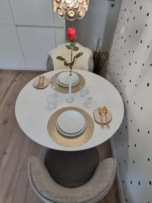 a white table with two chairs and a table with a rose at Apartma Larisa in Bled