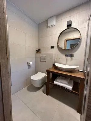a bathroom with a sink and a toilet and a mirror at The Vila Bled Premium Luxury Retreat in Bled