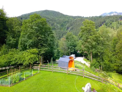 an aerial view of a park with a tent at Camping & Glamping Grintovec in Preddvor