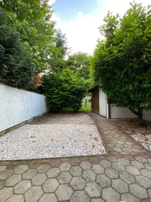 a driveway with trees and a white wall and a building at Ada Apartment in Ljubljana