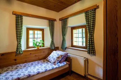a bed in a room with two windows at Traditional homestead Guhar in Radovna in Mojstrana