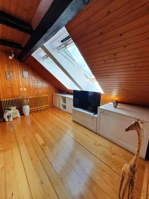 a attic room with a giraffe on the floor at Apartment Sonata in Kamnik