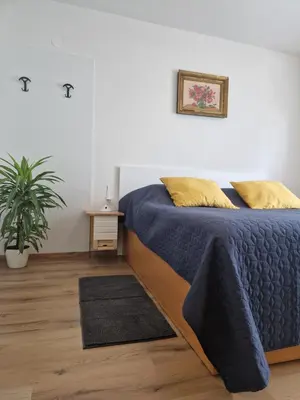 a bedroom with a bed with a blue comforter and a plant at Medeni Apartma in Pivka