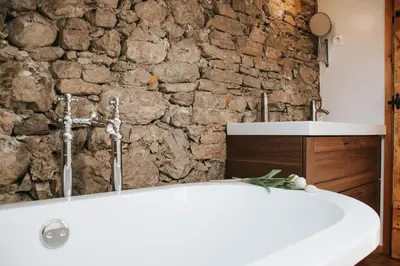 a bath tub in a bathroom with a stone wall at Casa di Volce - 1801 Stone House in Tolmin