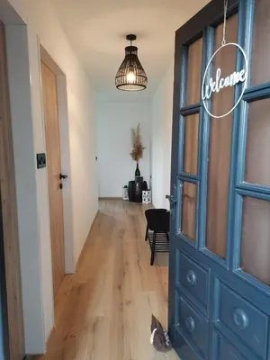 a hallway with a blue door and a room at Apartma KORPEC in Ivanjkovci