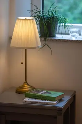 a lamp sitting on a table with a stack of books at Jane's Place, experience the atmosphere of a historic villa & free parking in Ljubljana