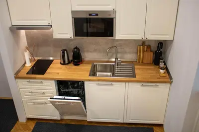 a kitchen with white cabinets and a sink at Jane's Place, experience the atmosphere of a historic villa & free parking in Ljubljana