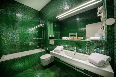 a green bathroom with a tub and a toilet and a sink at Rimske Terme Resort - Hotel Sofijin dvor in Rimske Toplice