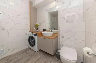 a bathroom with a sink and a washing machine at Apartments Ribnica in Bohinj