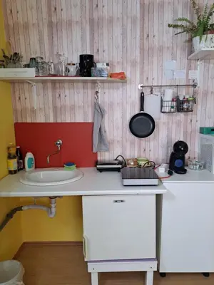 a bathroom with a sink and a white counter at Ozy's place in Kamnik