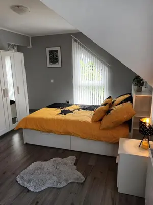 a bedroom with a large bed and a window at Apartment Jovan in Bled