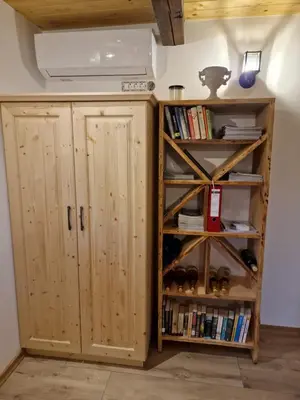 a room with wooden cabinets and a book shelf at Vineyard cottage Vinska grajska kašča in Mirna