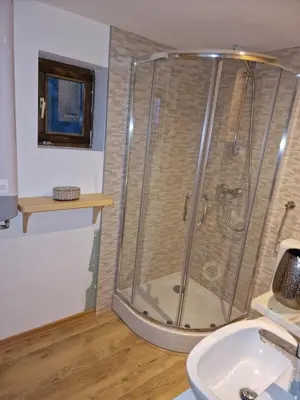 a shower stall in a bathroom with a sink at Vineyard cottage Vinska grajska kašča in Mirna