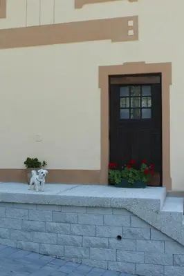 a small white dog sitting on a wall in front of a door at Hadam's Apartments in Bled