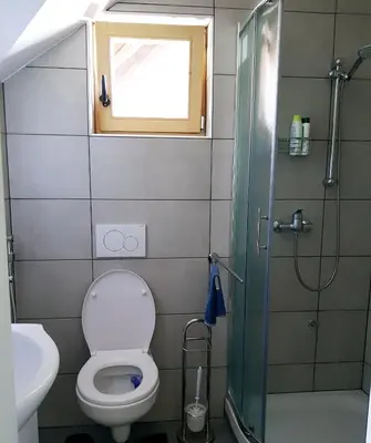 a bathroom with a toilet and a shower with a window at Hadam's Apartments in Bled