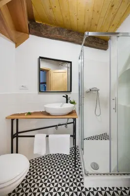 a bathroom with a glass shower and a sink at Karst Heritage Retreat in Štanjel