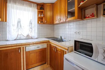 a kitchen with wooden cabinets and a white microwave at Holiday home in Adlesici - Dolenjska & Bela krajina Unter- & Weißkrain 44970 in Adlešiči