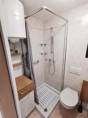a bathroom with a shower and a toilet at Cosy Retreat Čatež in Čatež ob Savi